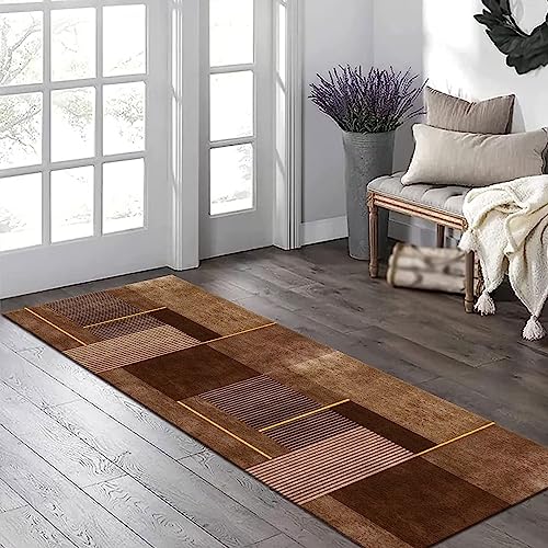 Tapis de couloir lavable 50x350cm marron et jaune en polyester antidérapant