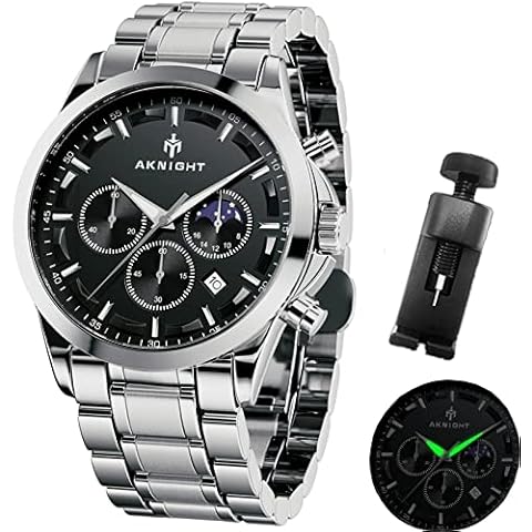 AKNIGHT Mens Watch Chronograph Stainless Steel Watches for Men Waterproof Date Analog Quartz Luminous Design Sports Business Wrist Watch… Cover