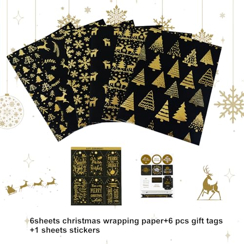 Papel de embrulho de Natal, 6 folhas de papel de embrulho preto e dourado, papel de embrulho de rena
