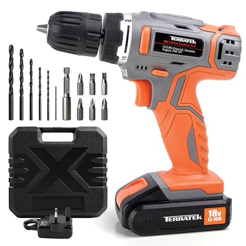 Terratek Cordless Drill Driver, 1HR Fast Charge 18V Lithium-Ion, 13Pc Electric Screwdriver Set, LED Work Light, Electric Drill Quick Change Power Battery with Charger & Carry Case Included