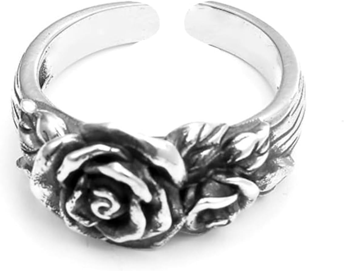 Retro Rose Flower Open Ring for Women Men Vintage Blossom Punk Adjustable Extendable Rings Comfort Fit Band Personalized Trendy Statement Cuff Ring Unisex Gift Gifts Xmas
