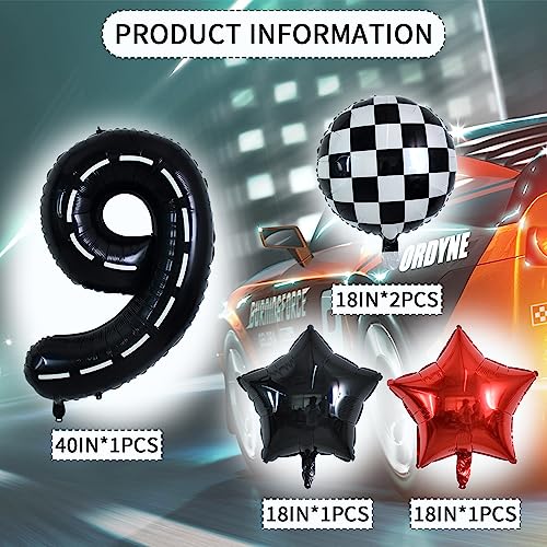 Toniful 40 Inch Race Car 9Th Birthday Balloons Racetrack Number 9 Black Balloons Wheel Tire Balloons Black White Checkered Balloons Star Balloons Boys Car Themed Birthday Party Decor #TOP1