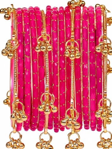 Image of JPS 16 Pcs Trendy Stylish Glass & Kashmiri Ghungroo Bangles Set for Women & Girls | Gold-Plated Traditional Festive Wedding Party Jewellery Chudi Set (12 Glass + 4 Metal)