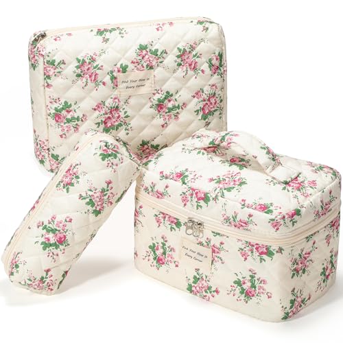 Makeup Bag 3Pcs, Cute Makeup Pouch, Quilted Make up Bag for Women, Large Travel Cosmetic Organizer, Zipper Pouch, Pink Flower