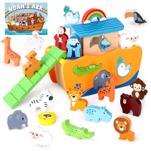 Hoarosall Noah Arco de madera de 27 piezas para 1 – 3 años bautizo Navidad cumpleaños regalo bilingüe historia bíblica Montessori clasificador de formas juguete educativo cristiano