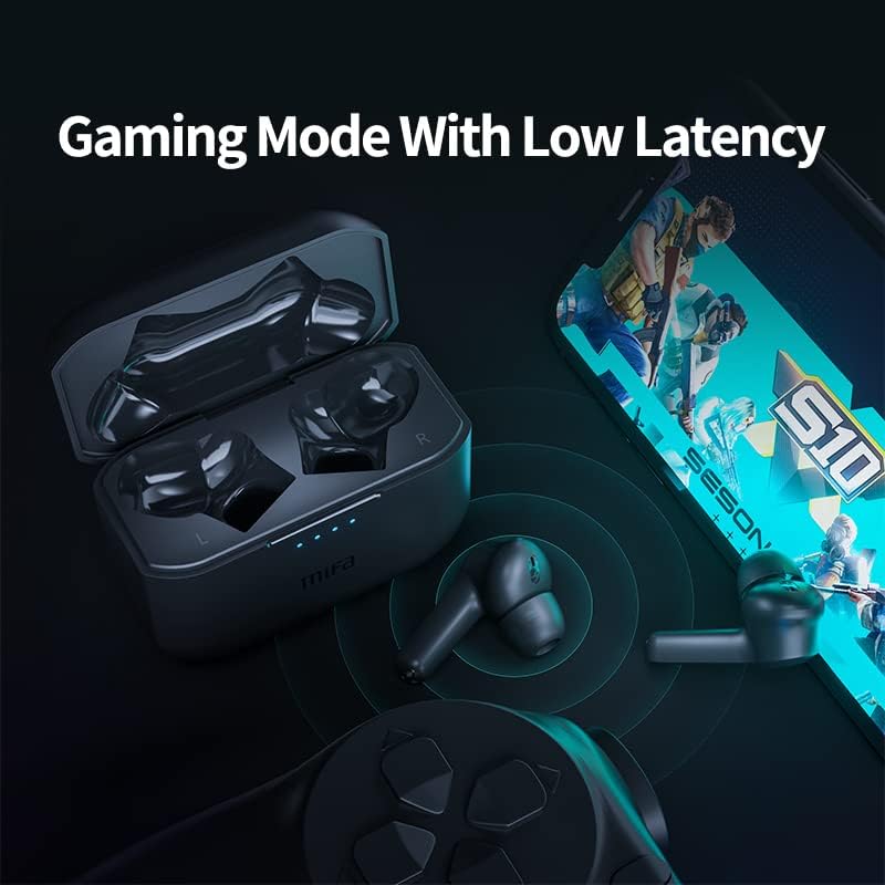 mifa X180 earbuds with a smartphone displaying a game, indicating low latency gaming mode