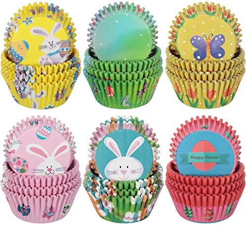 600 Pieces Easter Cupcake Liners Easter Cupcake Wrappers Easter Egg Bunny Chick Baking Cups Colorful Muffin Case Trays for Easter Party Decorations (Classic Style)