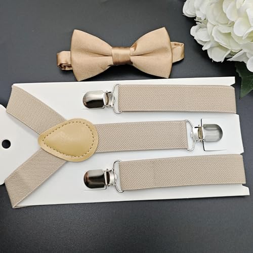 JZK Champagner beige fliege und hosenträger set kinder unter 135 cm, Y-Form 3 Clip Verstellbare Hosenträger mit Fliege für kleine Jungen und Mädchen Für Hochzeit Party und Kostüm