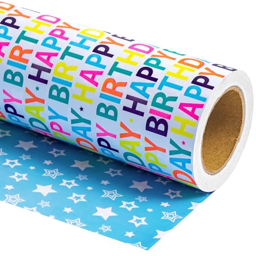 RUSPEPA Papier cadeau d'anniversaire réversible – Mini rouleau – 43,2 cm x 10 m – Lettrage...