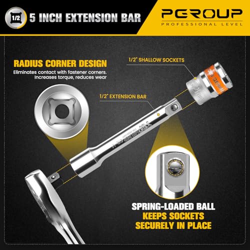 Image of 12 PCS 1 /2 inch Drive Metric Socket Wrench Set,1 /2 Reversible Ratchet Handle,6 Point Shallow Sockets (10-24mm) and Extension Bar 5 inch, CR-V Steel, Car Repair Set