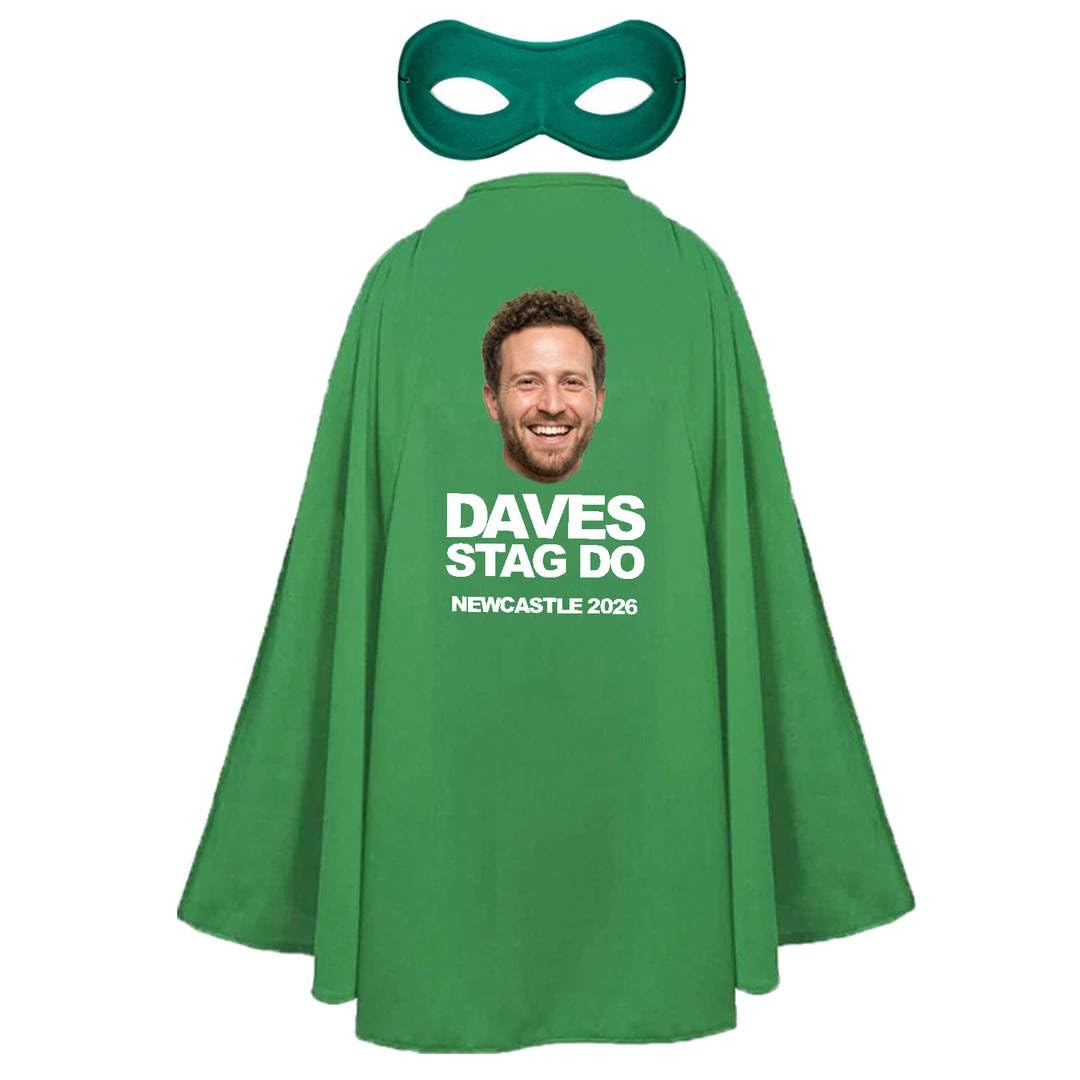 Adults Personalised Superhero Stag Costume - Pack of 1 - Long Green Cape with Your Design on the Back, Matching Eyemask - Mens Stag Party Upload Your Own Design Customised Fancy Dress Outfit โ image 1