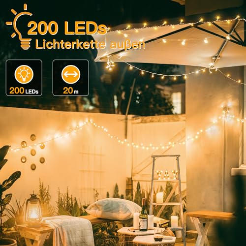 Ollny LED Lichterkette außen 20m 200LED, Lichterketten Strombetrieben mit Fernbedienung und Timer, 8 Modi IP44 Wasserdicht Warmweiß für aussen und innen Garten Hochzeit Party