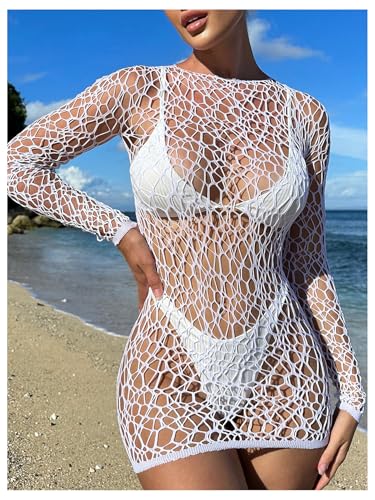 WDIRARA Women's Hollow Out Fishnet Beach Cover Up Dress Long Sleeve Sheer Mesh Bathing Suit Coverups2