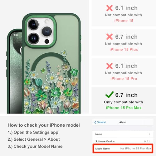 Image of Magnetic for iPhone 15 Pro Max Case with for Women, Green Floral | Pretty Oil Painting Flower Pattern Design [Compatible with MagSafe] Shockproof Slim Translucent Matte Non-Slip Cover