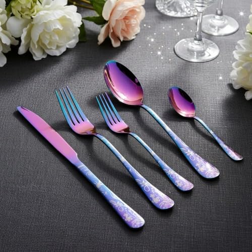 Image of 5 Pcs Rainbow Floaral Stainless Steel Cutlery Set for Dining Table with Spoon and Fork Set & Butterknife - The Perfect Tableware /Flatware