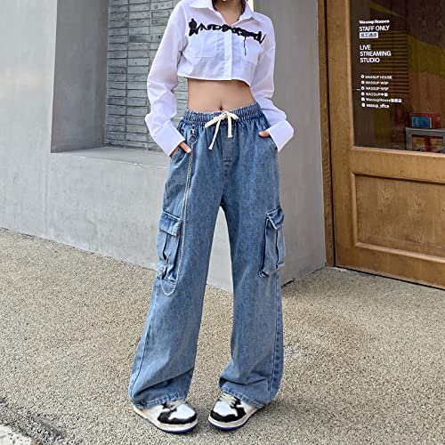 Baggy Jeans for Women High Waist Y2K Boyfriend Casual Loose Wide Leg Drawstring Cargo Pants with Pockets3