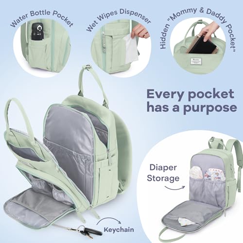 Image of RUVALINO Diaper Bag Backpack-Multifunction Baby Travel Bag with Changing pad, Insulated Bottle Holders & Pacifier Case, Large Capacity, Waterproof, Mint Green