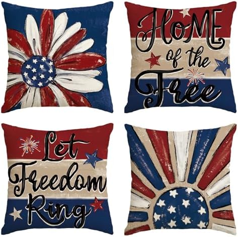 AVOIN colorlife Let Freedom Ring Stars Fireworks Red White Flower Throw Pillow Covers, 18 x 18 Inch 4th of July Patriotic Independence Memorial Day USA Flag Cushion Case for Sofa Couch Set of 4