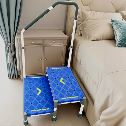 Extra Long Step Stool with Handle for Elderly(22 Inch) Heavy Duty 2 Stepping Stool with Adjustable Handrails for High Beds Non-Skid Platform Foot Stool for Adults Seniors Handicapped (Blue)