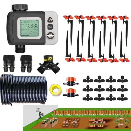 Drip Irrigation Kit Automatic Watering System with Water Timer 64FT 1/4 Tubing and 12 Rain Spray...
