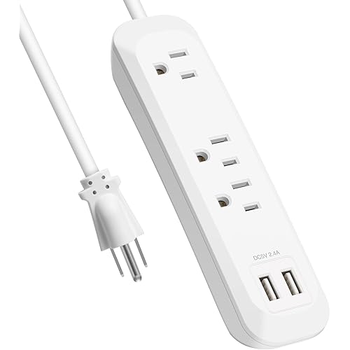Power Strip Surge Protector with USB Ports, White Extension Cord 6 Feet 3 Prong, 3 outlets, 2 USB Ports, 1250W/10A, Wall Mountable, Plug Strip Surge Protector 300J for Home Office, SGS Approved