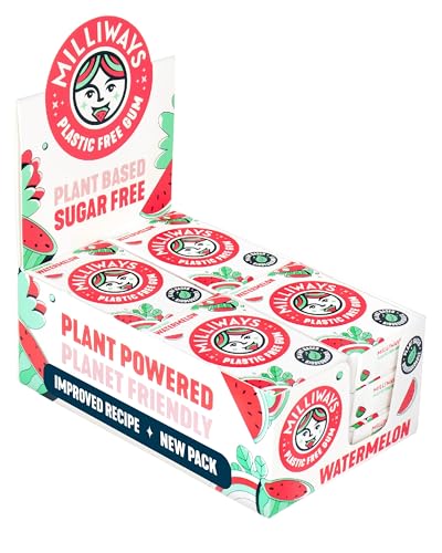 Milliways Watermelon Chewing Gum, Plastic Free, Sugar Free, Aspartame Free, Natural | 12 Packs of 10 Pieces (120 Pieces Total) | Xylitol, Plant-Based, Biodegradable