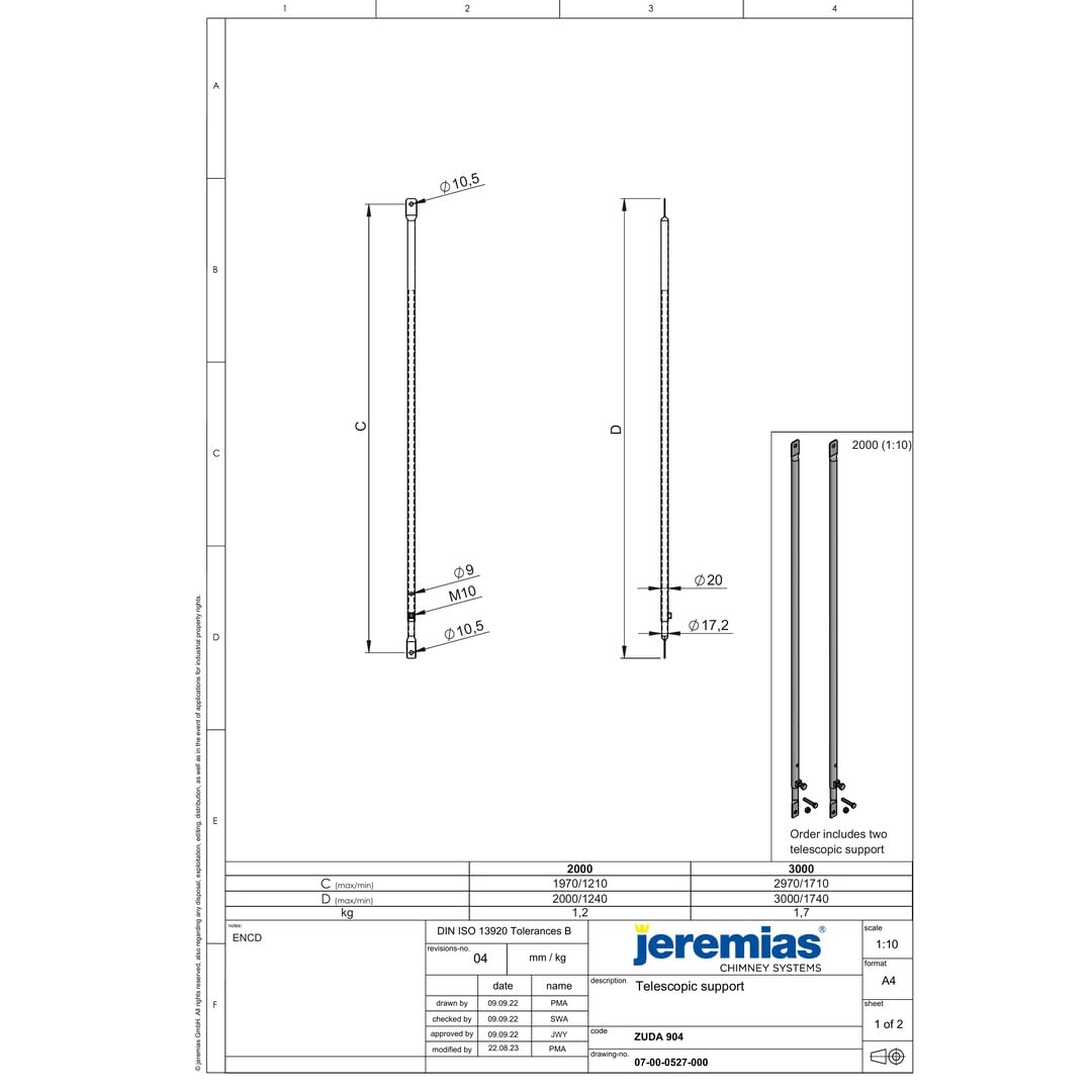 Jeremias DW-ECO 2.0 Abspannrohre verstellbar bis 2m Set 2 Stangen Ø17,1x1,5mm Ø20x1mm für Windlastzone 1 2 bis Ø200mm Edelstahl Schornstein Abgassystem