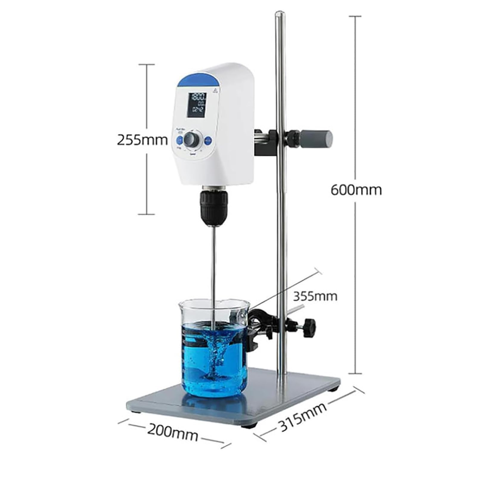 Agitador eléctrico superior con pantalla digital, rango de velocidad de 100-2000 rpm, temporizador de 1-99 h59 minutos, volumen máximo de 20 litros, par de torsión de 20-60 n.cm para mezcla de