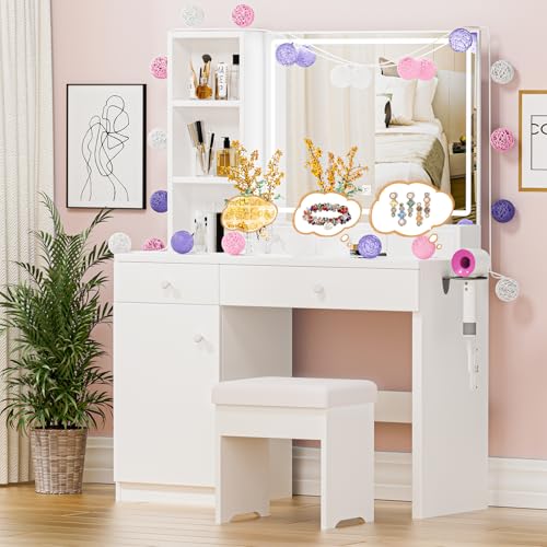 GiLvJia Vanity Desk with Mirror, Includes Dream Box, LED Lights,