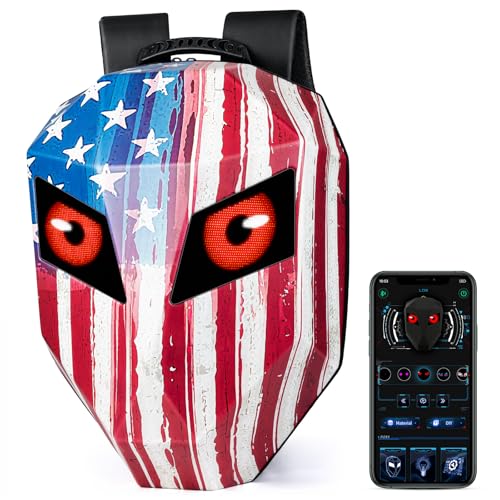 Gelrova LED Backpack for Motorcycle Bike Scooter - 25L Light Up with LED Eyes Screen 15 Laptop Sleeve Anti-Rain Zippers Vintage US Flag 19inch Americana