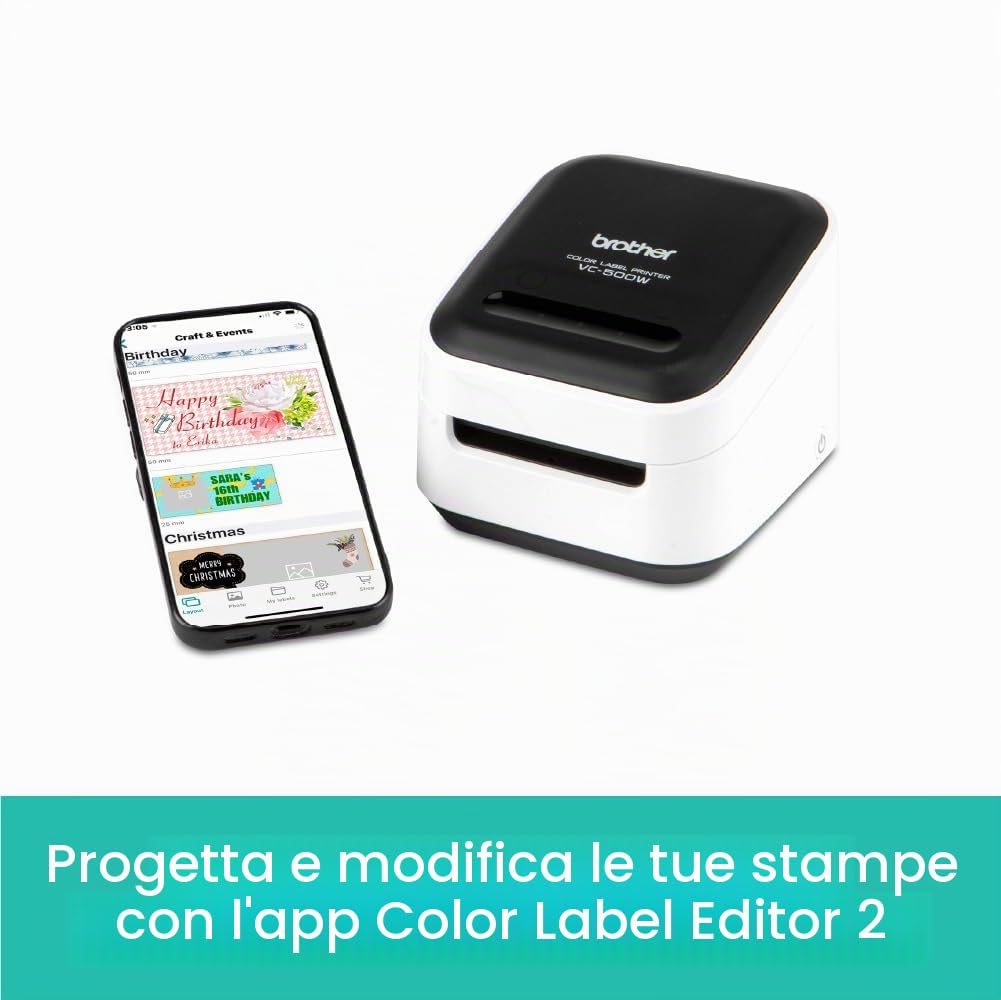Brother VC-500W stampante per etichette [CD] ZINK [Zero-Ink] A colori 313 x 313 DPI 8 mm/s Con cavo e senza cavo Wi-Fi (VC500WCR FULL-COLOR - LABEL PRINTER)