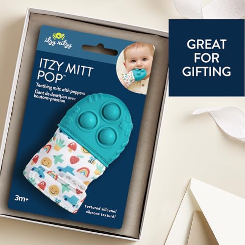 Image of Itzy Ritzy Silicone Teething Mitt - Soothing Infant Teething Mitten with Adjustable Strap, Crinkle Sound & Textured Silicone to Soothe Sore & Swollen Gums - for Ages 3 Months & Up (Teal)