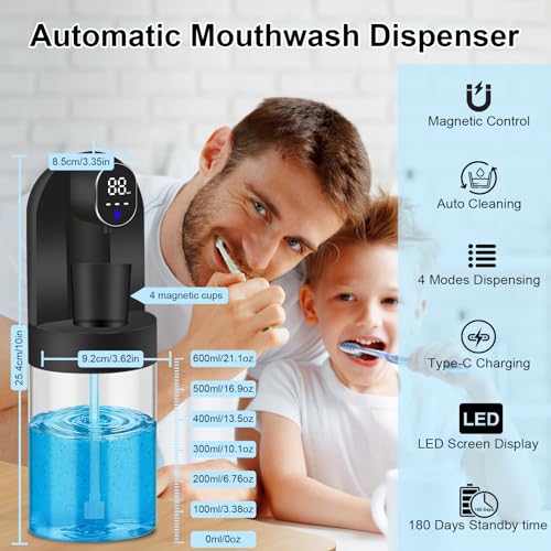 Image of Automatic Mouthwash Dispenser for Bathroom, 20.29 oz Touchless Smart Wall-Mounted Mouth Wash Dispensers, 4 Magnetic Cups, 4 Dispensing Modes, Hands-Free Bathroom Accessories for Home Kids Family-Black