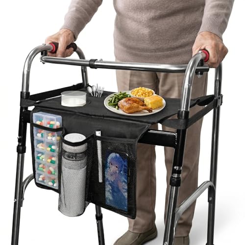 Walker Tray for Folding Walker Walker Basket Bag Trays for Walkers for Seniors Detachable with Cup Holder Walker Trays for Rolling Folding Walker Walker Accessories for Elderly