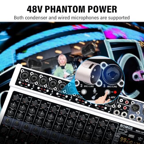 Mixeur audio BOMGE 12 canaux avec Bluetooth USB et alimentation 48V pour studio