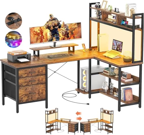 iSunirm Bureau en L avec clapier, Bureau de Jeu avec éclairage LED, Bureau d'ordinateur...
