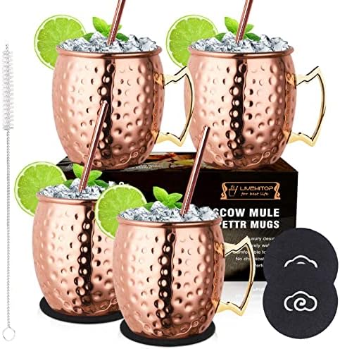 LIVEHITOP 4 Stück Moscow Mule Kupfer Tasse Set, 19.5 Oz Handgemacht | Cocktail Tasse for Kaltes Getränk, Wein, Bar, Party, Geschenkset, mit 4 Untersetzer