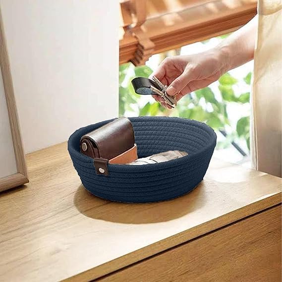 Image of Handmade Jute Cotton Storage Baskets Set of 3 for Dining Table, Fruit Basket & Roti Bowl, Cane Style Organizer for Kitchen, Home Decor, Washable Multipurpose (Dark Blue)