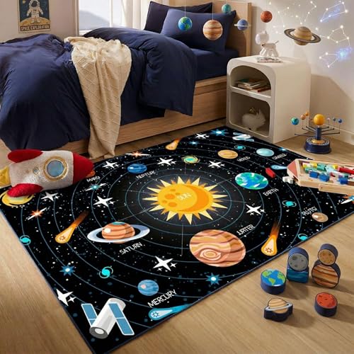 Outer Space Rugs Small Size Universe Solar System Planet Theme Carpets Kids Rugs for Playroom Educational Learning Area Rug for Living Room Bedroom Indoor Crystal Polyester Floor Sofa Mats 23
