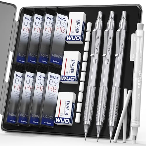 WUO 0.9mm Mechanical Pencil Set, 3 Silver Metal Drafting Pencils with 480 HB Lead Refills, Precision Eraser Pen, 4B Erasers & Case, Mechanical Pencils for Writing, Drawing, Sketching & Schoo