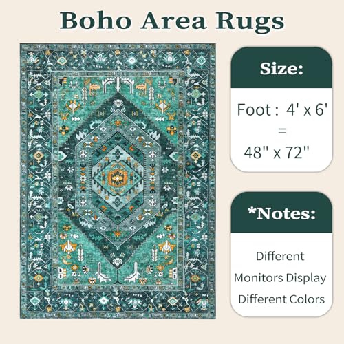 SERISSA Bedroom Rug 4x6 Teal Boho Rug, Vintage Washable Area Rugs Non Slip, Ultra Soft Print Distressed Tribal Entry Rug Low-Pile Throw Carpet for Nursery Dorm Kitchen Living Room Decor