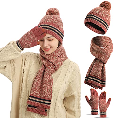 Micacorn Invierno 3 En 1 Conjunto de Bufanda Gorro de Punto Set, Gorro Tejido con Forro Grueso Guantes para Pantalla Táctil Bufanda Larga para Invierno al Aire Libre Mujeres Hombres Cover