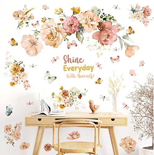 Large Peony Flower Wall Stickers Watercolor Floral Wall Decals Peel And Stick Inspirational Sticker For Girls Bedroom Vintage Flowers Butterflies Wall Art Mural For Kids Room Living Room Nursery Decor #TOP5