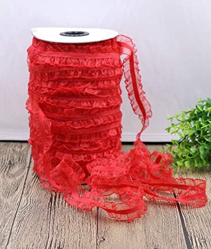 Yycraft 10 Yards Elastic Craft Lace Trim,1" Wide Double Ruffle Organza Trim For Diy Headband,Clothes Sewing Embellishment(Red) #TOP3