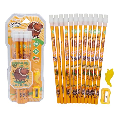 Set de 12 lápices de madera Brainrot con sacapuntas y portabolígrafos