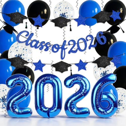 2026 Graduation Balloons Set Class of 2026 32 Inch Blue 2026 Number Foil Balloons Star Cap Garland Banner Blue Black Confetti Balloons for Senior High School College Congrats Grad Party Decorations