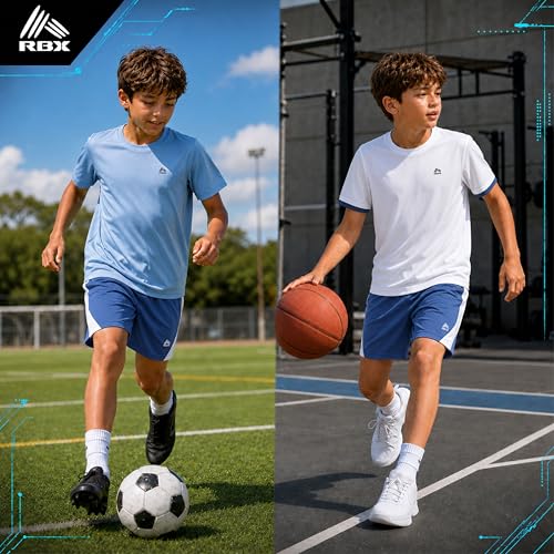 Image of RBX Boys Short Sets - 3 Piece Active Performance Short Sleeve Athletic Shirts and Gym Shorts With Elastic Waistband (4-12)