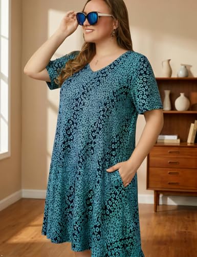Image of OVERWORETY Womens Short Sleeve Plus Size T-Shirt Dress V Neck Casual Loose Swing A-Line Summer Tunic Dresses with Pockets