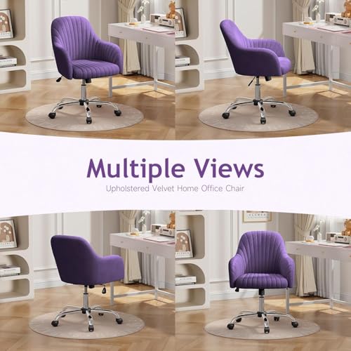 Image of Velvet Desk Chair for Home Office, Adjustable Swivel Task Chair Modern Computer Vanity Chairs with Arm Rest for Bedroom Living Room Make-up Room (Purple)