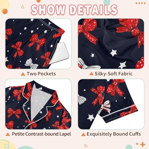 Cute Bow Star Red White Summer Pajamas Set Soft Satin Pjs Sets 2 Piece Short Sleeve Sleepwear Casual Clothes3